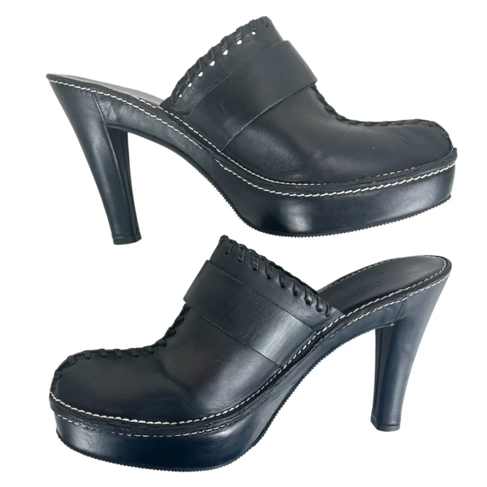 Coach Women 9B Katryna Black Leather 4.5” Heeled Mules‎ Clog Buckle & Fringe
